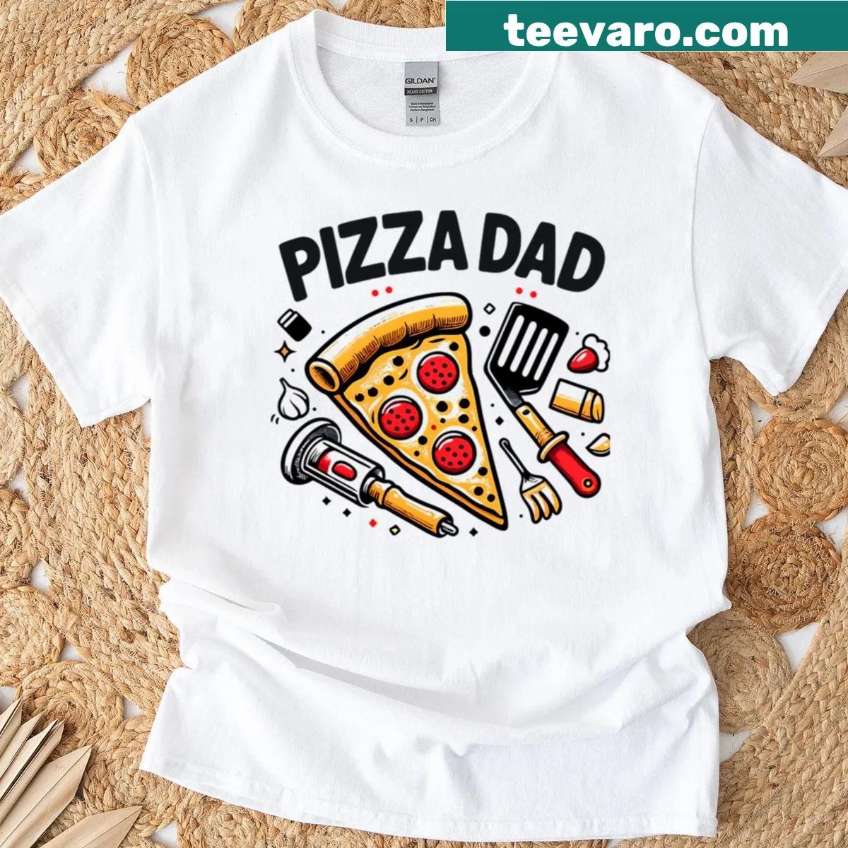 Retro design Active T-shirt for Pizza Dad with kitchen tools graphic — on a men's t-shirt