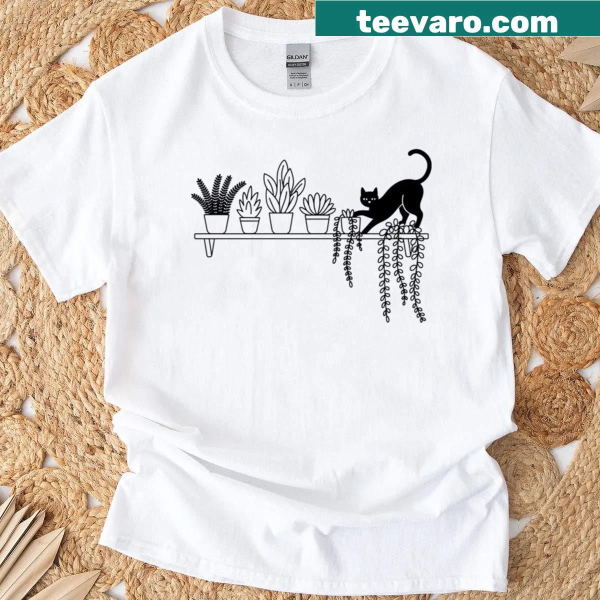 Illustration of a cat surrounded by plants on a T-shirt — on a men's t-shirt