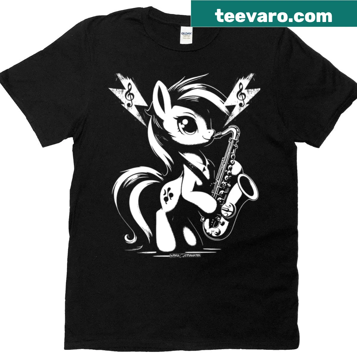 Cartoon pony playing saxophone on T-shirt — on a men's t-shirt