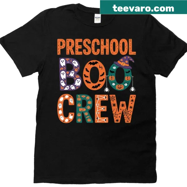 Funny Halloween T-shirt for Pre-K teachers with 'Preschool Boo Crew' text
