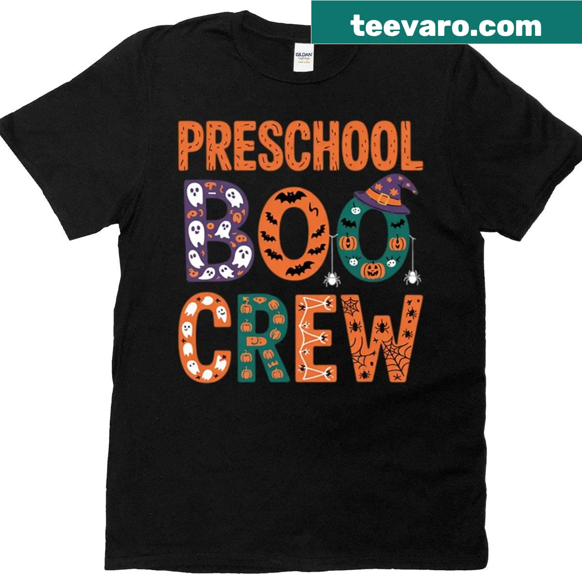 Funny Halloween T-shirt for Pre-K teachers with 'Preschool Boo Crew' text — on a men's t-shirt