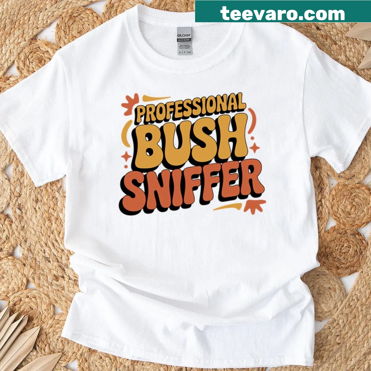 Humorous retro T-shirt with 'Professional Bush Sniffer' text — on a men's t-shirt
