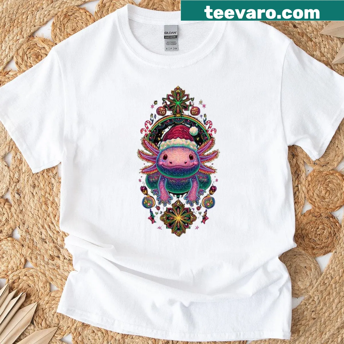 Cute axolotl dressed as Santa on a Christmas-themed tee — on a men's t-shirt
