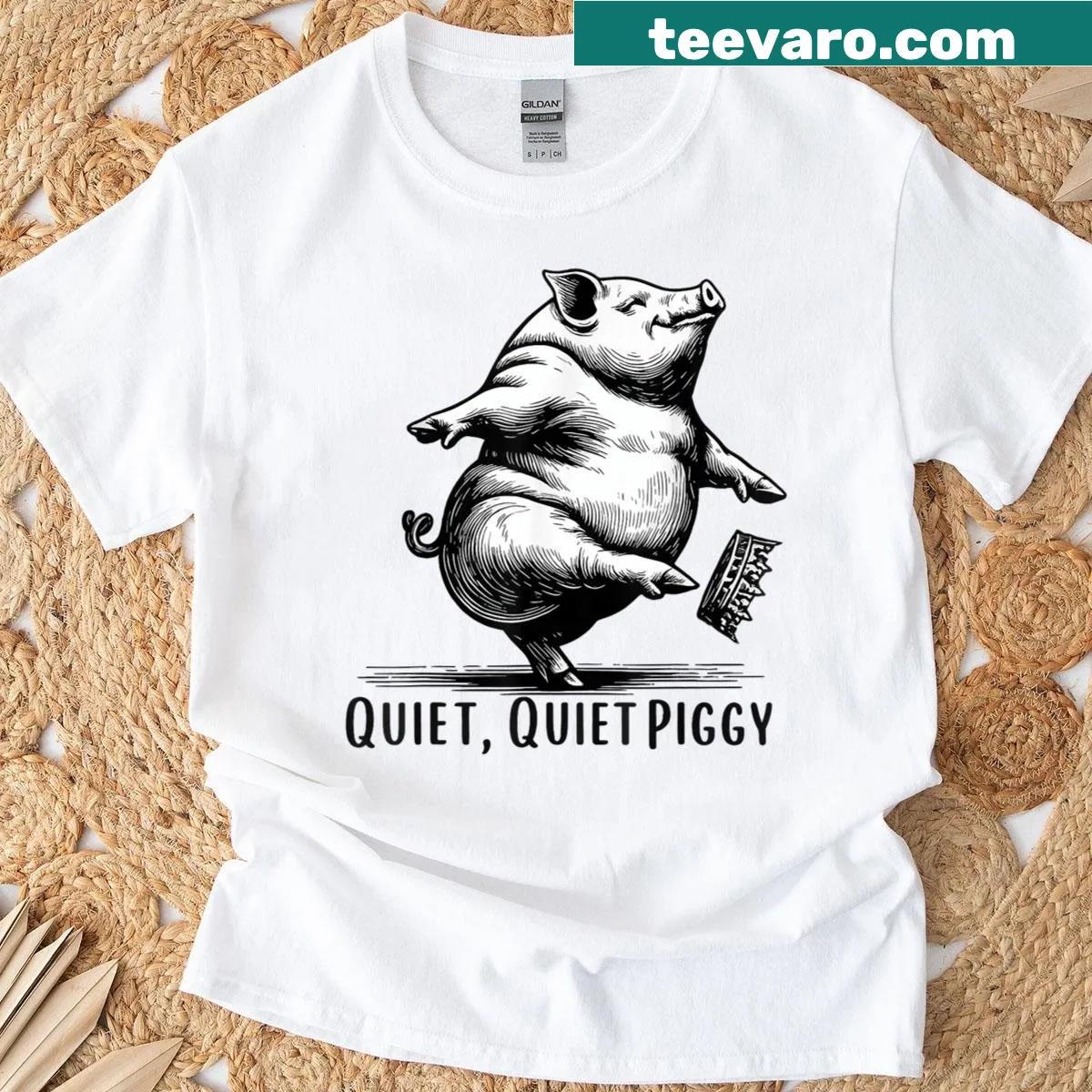 Vintage-style T-shirt with a dancing pig wearing a crown — on a men's t-shirt