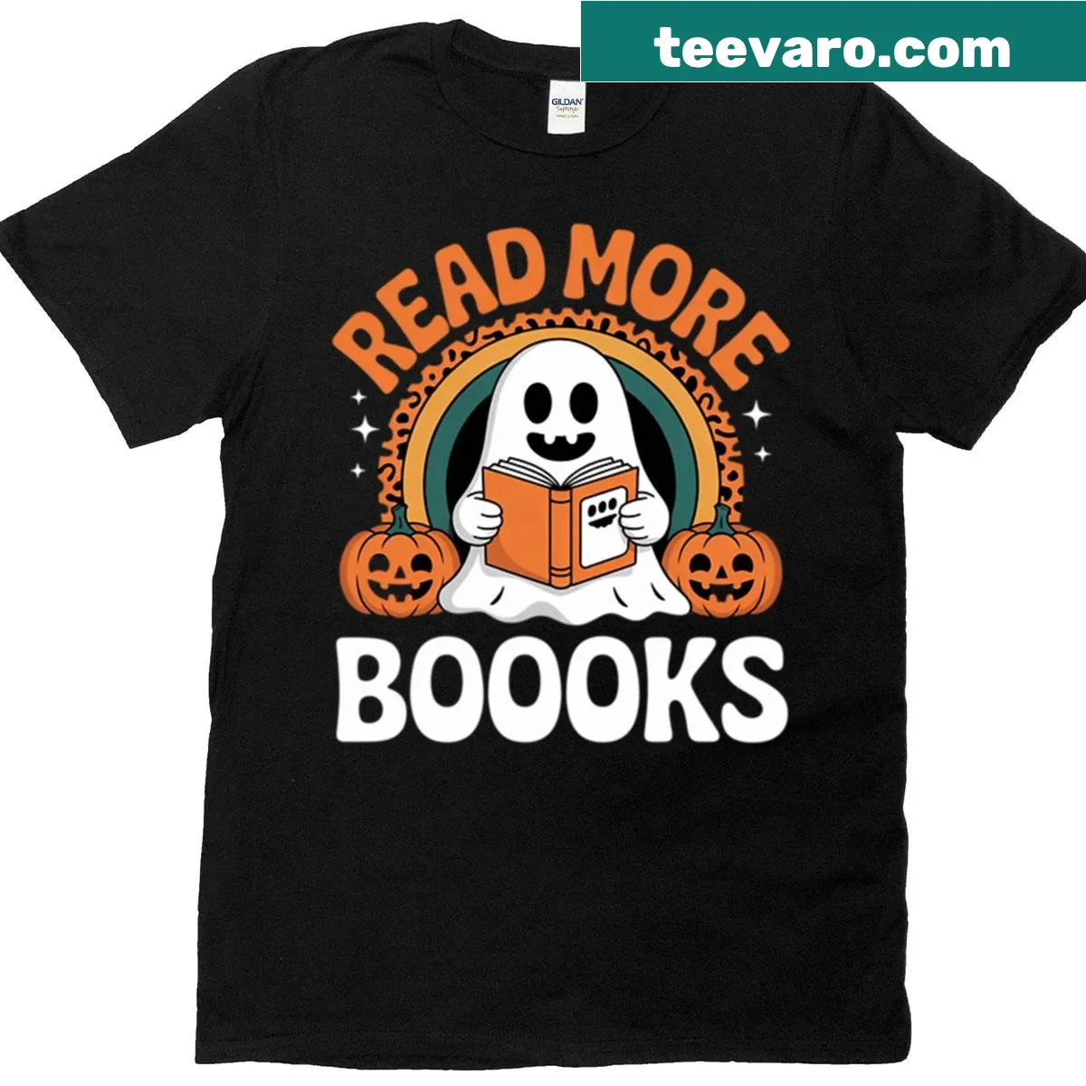 Cute Halloween teacher t-shirt with ghost, pumpkin, and reading theme — on a men's t-shirt