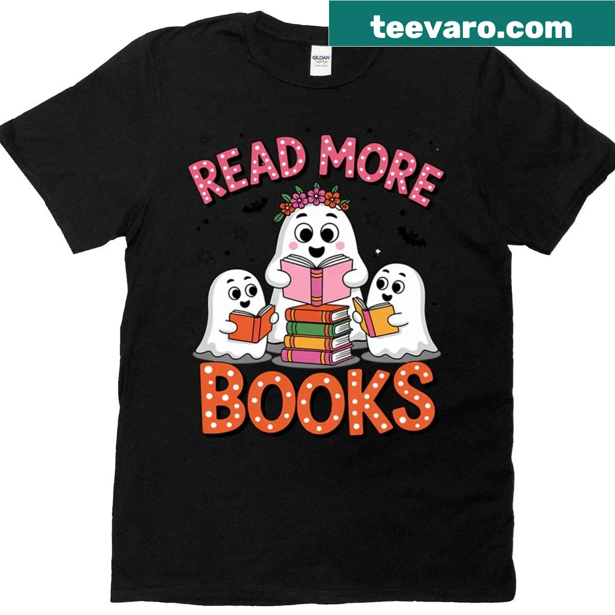 Playful Halloween T-shirt for reading teachers with books and spooky themes — on a men's t-shirt