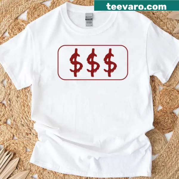 Red dollar sign design on a bold t-shirt for financial enthusiasts