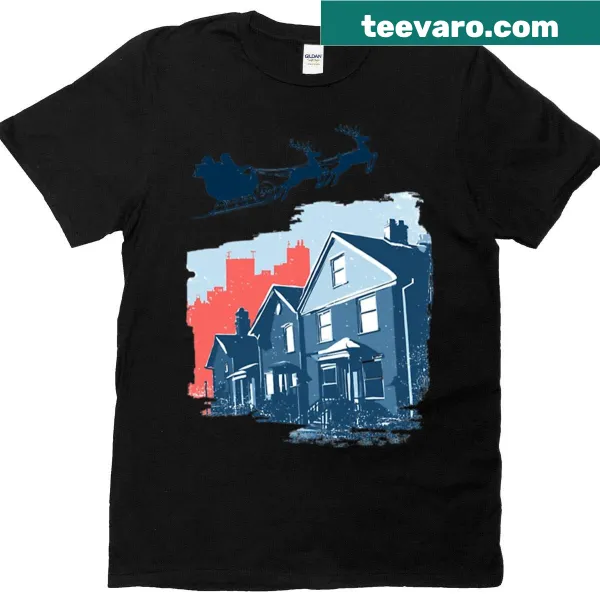 Whimsical reindeer illustration across the sky on T-shirt