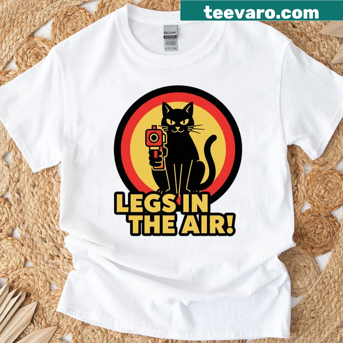 Funny black cat t-shirt with gangster legs in the air and gun design. — on a men's t-shirt