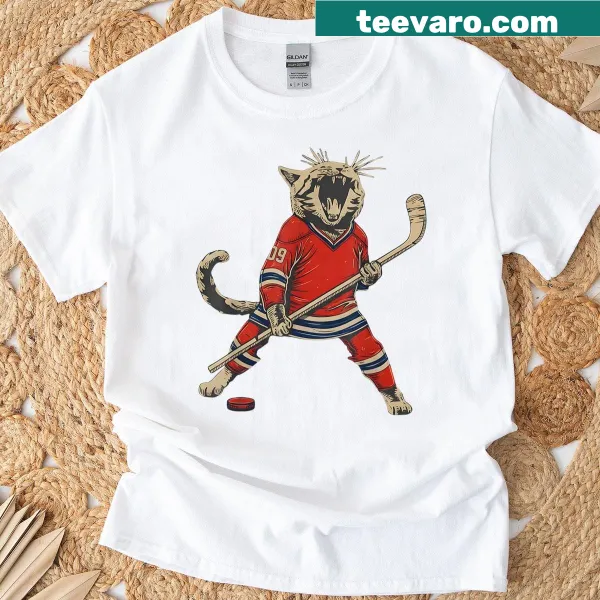 Vintage-style T-shirt featuring a cat in hockey gear
