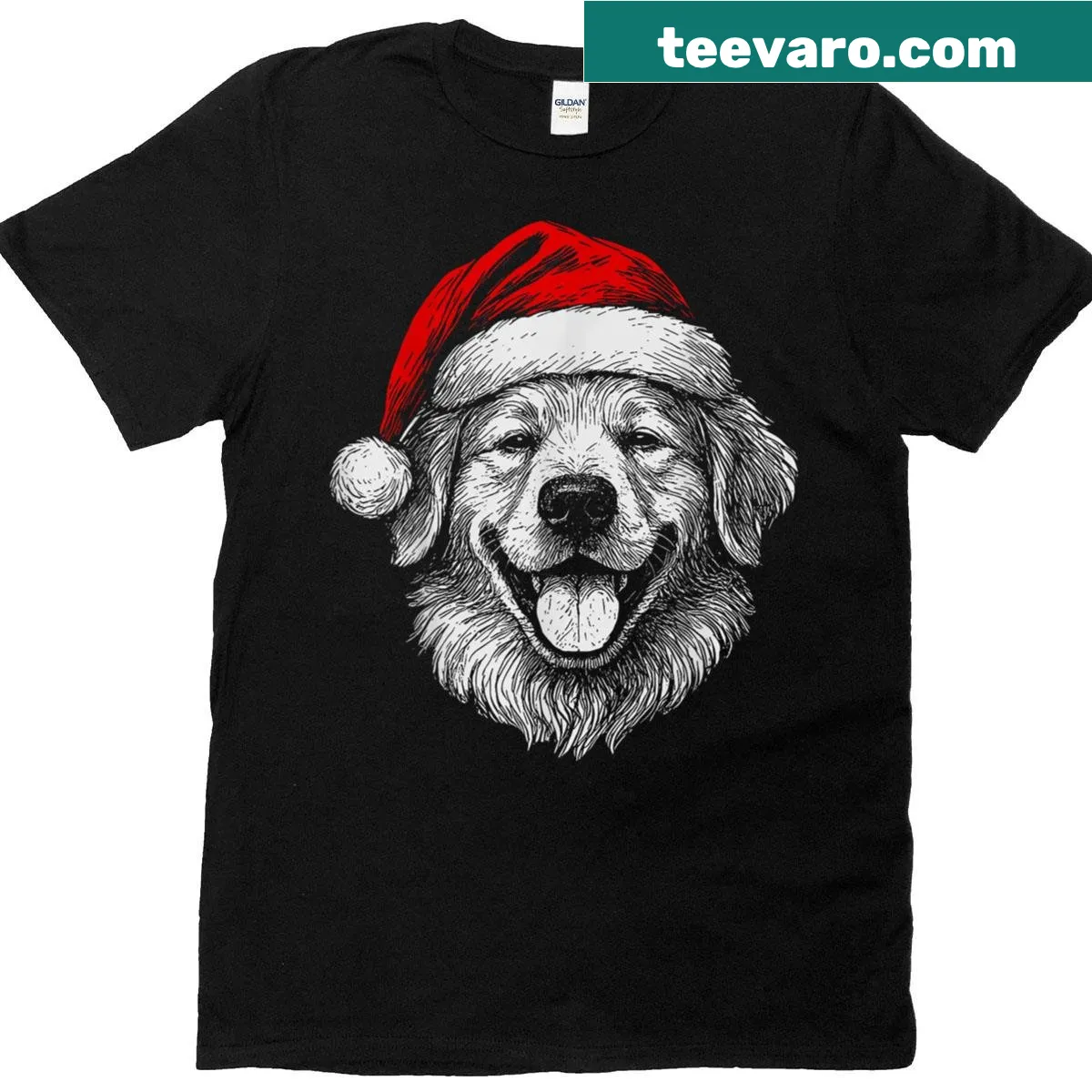 Illustrated golden dog wearing a Santa hat for Christmas — on a men's t-shirt