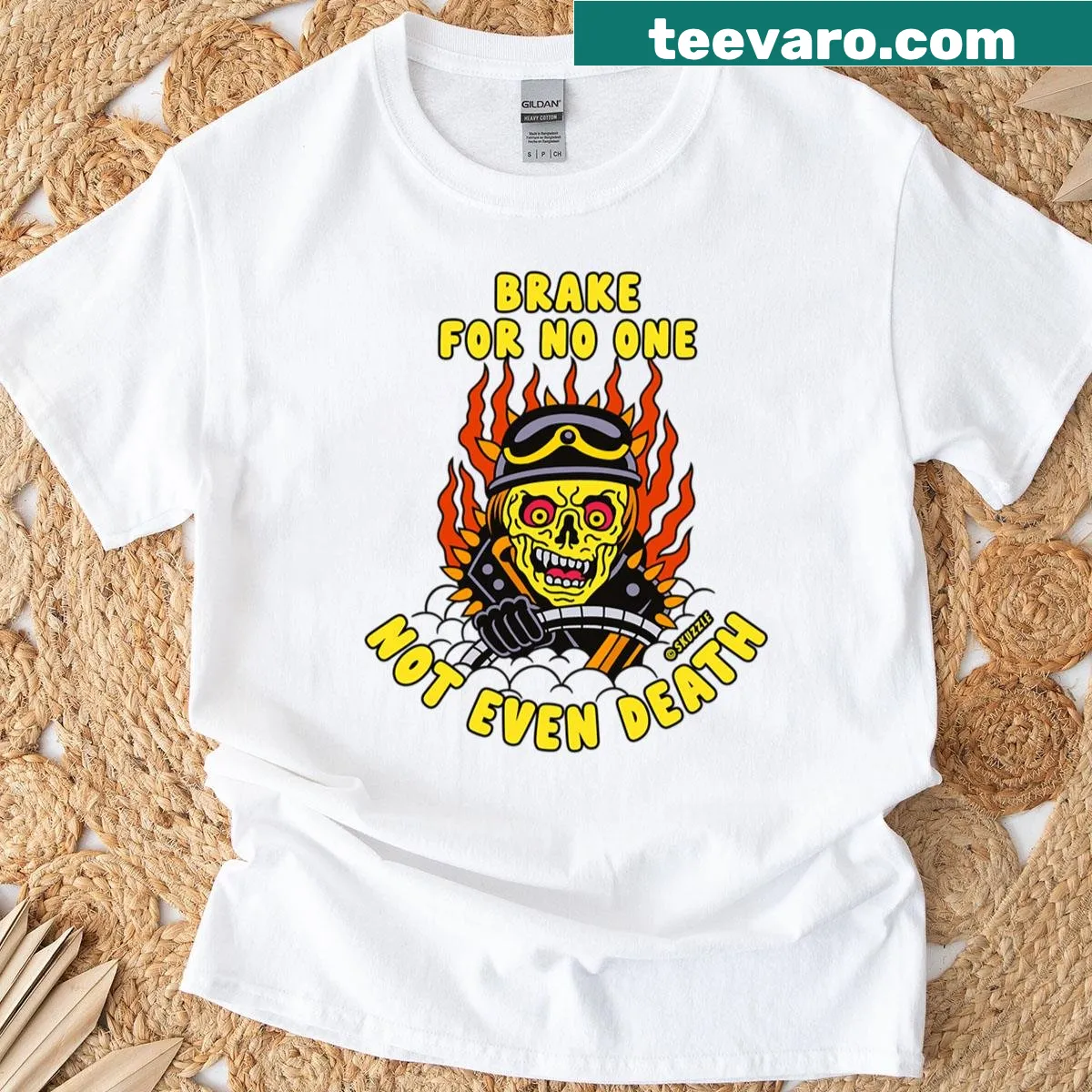 Retro comic T-shirt featuring a flaming reaper and edgy text — on a men's t-shirt