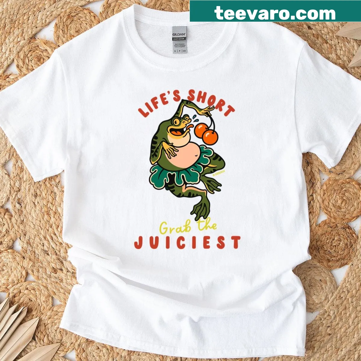 Comic graphic of a dancing frog with a playful life motto — on a men's t-shirt