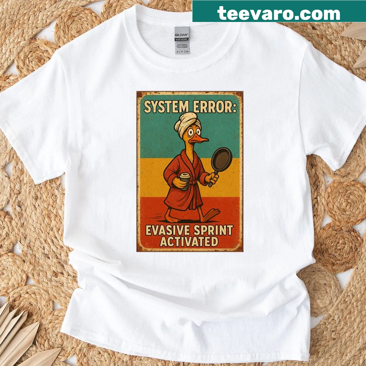 Vintage t-shirt featuring a playful duck panic graphic with system error theme — on a men's t-shirt