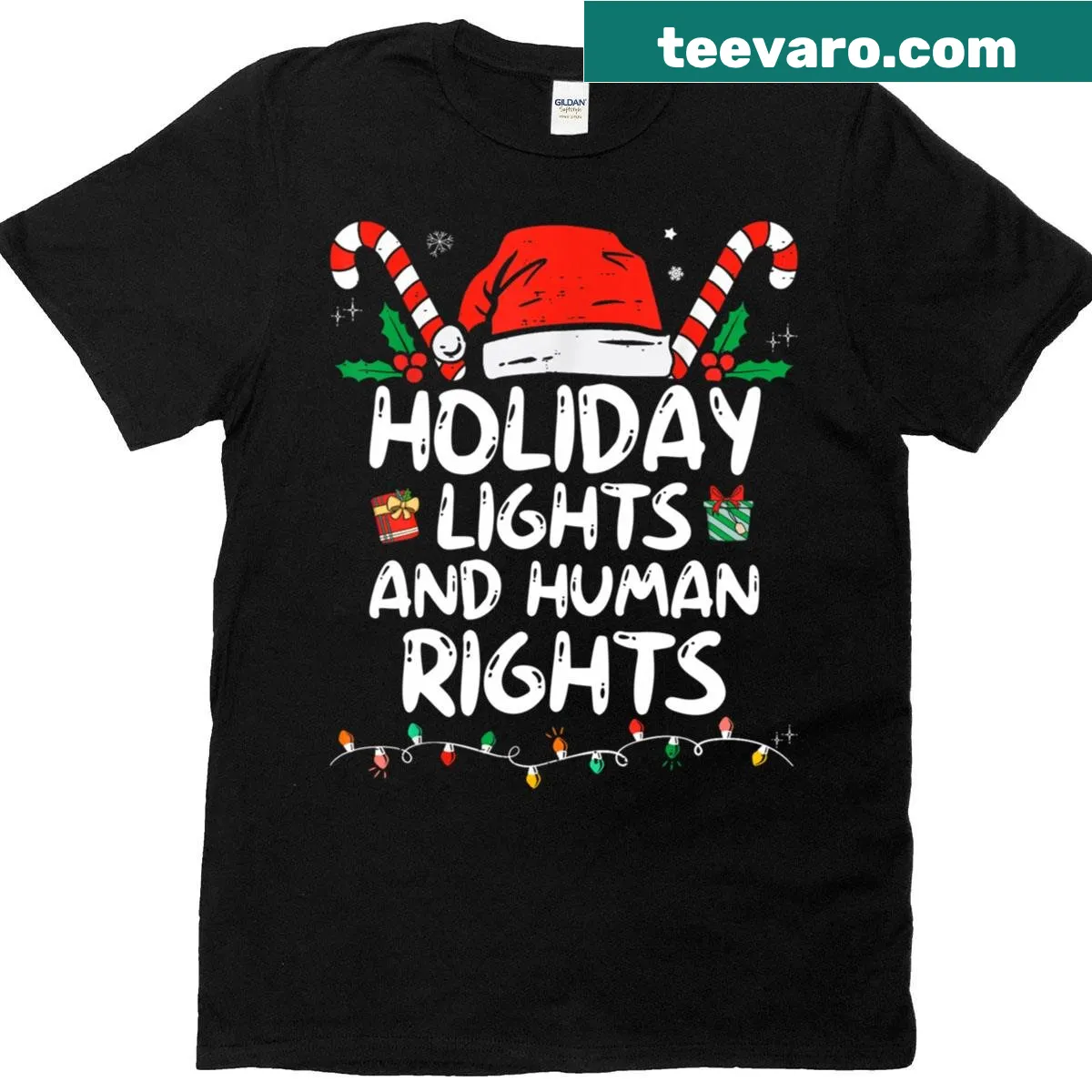 Christmas t-shirt with retro holiday lights and human rights theme — on a men's t-shirt