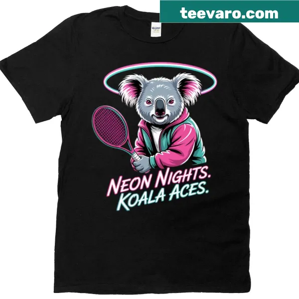 Retro koala tennis player graphic T-shirt in a vaporwave style