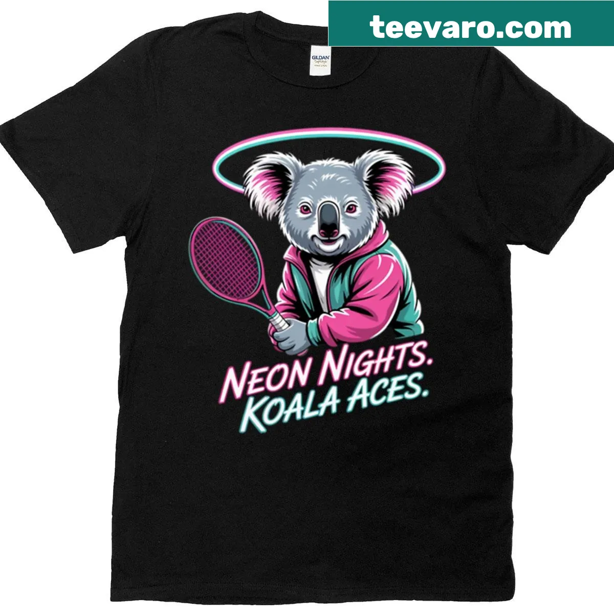 Retro koala tennis player graphic T-shirt in a vaporwave style — on a men's t-shirt