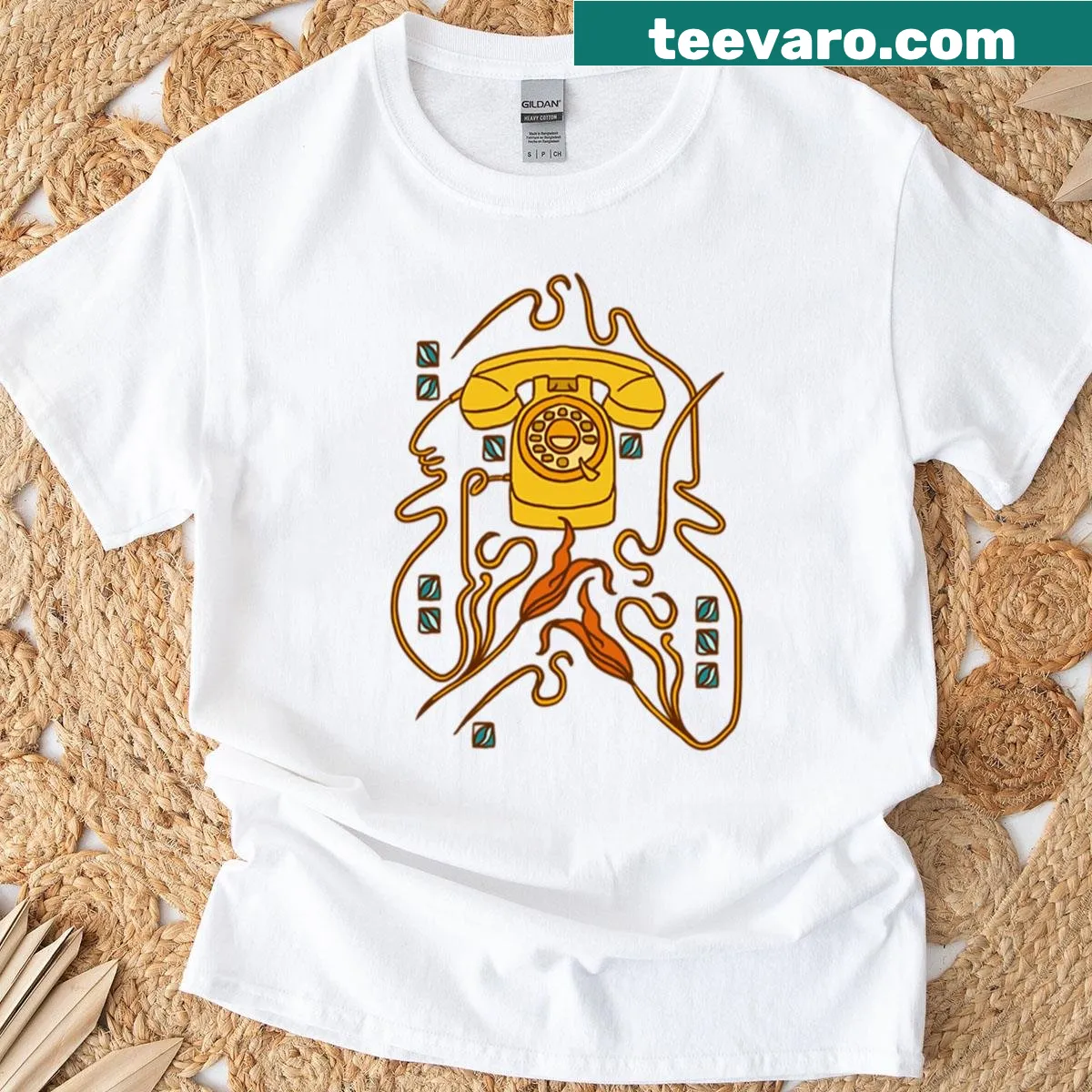 Whimsical cartoon graphic T-shirt with Nouveau Is Calling text — on a men's t-shirt