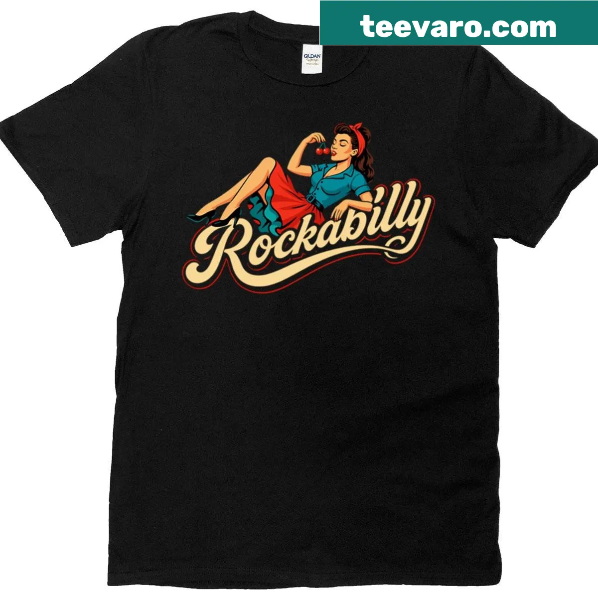 Retro graphic of a rockabilly woman in a petticoat on an oversized t-shirt — on a men's t-shirt