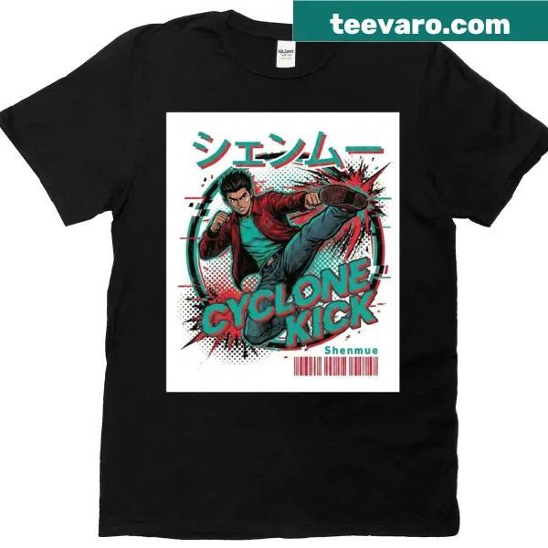 Ryo Hazuki performing cyclone kick from Shenmue on t-shirt
