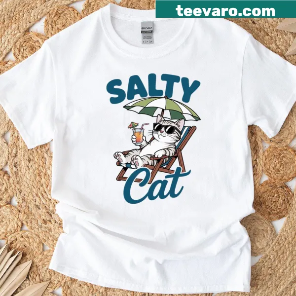 Cute illustration of a cat in a beach chair enjoying summer drinks.