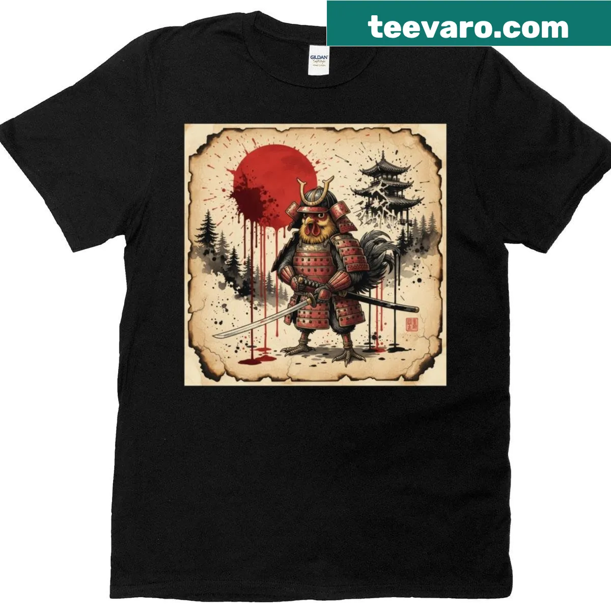 Cartoon chicken dressed as a samurai warrior in a playful illustration — on a men's t-shirt