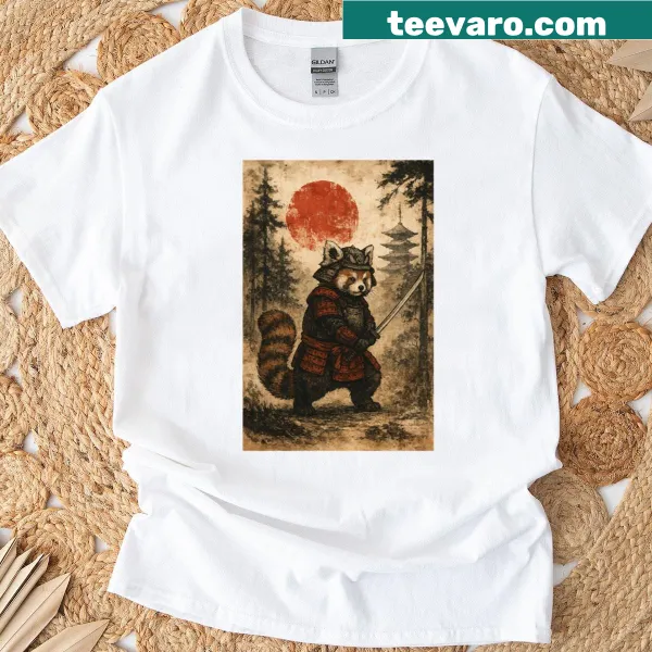 Ukiyo-e inspired graphic of a red panda samurai on a t-shirt.