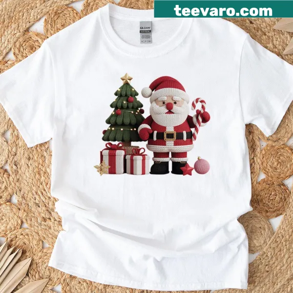 3D crochet-style T-shirt featuring Santa Claus and Christmas gifts