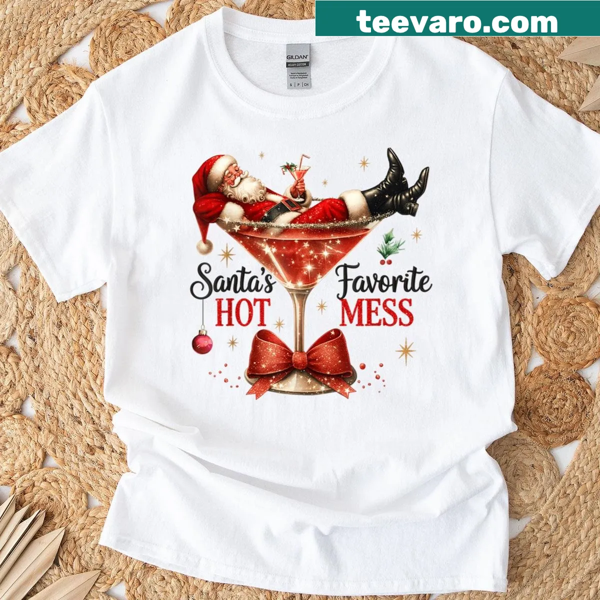 Funny Santa with a cocktail in a hot mess illustration — on a men's t-shirt