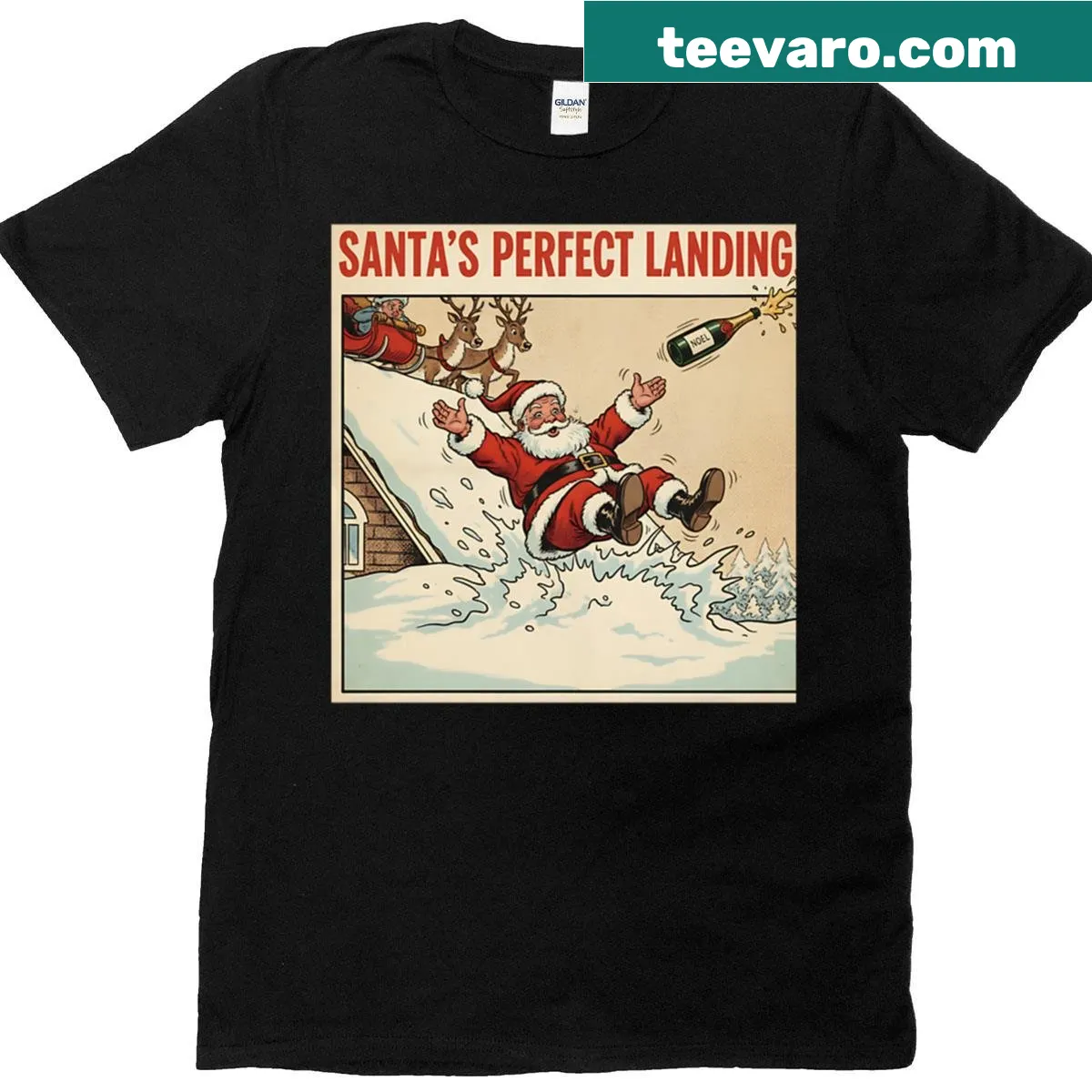 Comic-style graphic of Santa's landing on a festive t-shirt — on a men's t-shirt