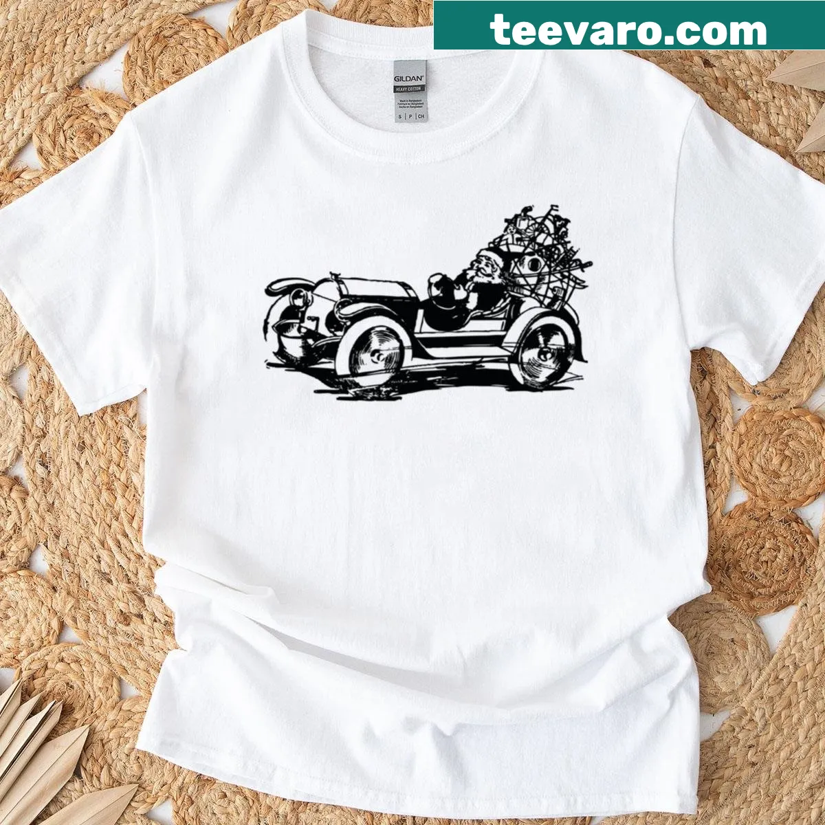 Vintage-style oversized Santa road trip t-shirt — on a men's t-shirt