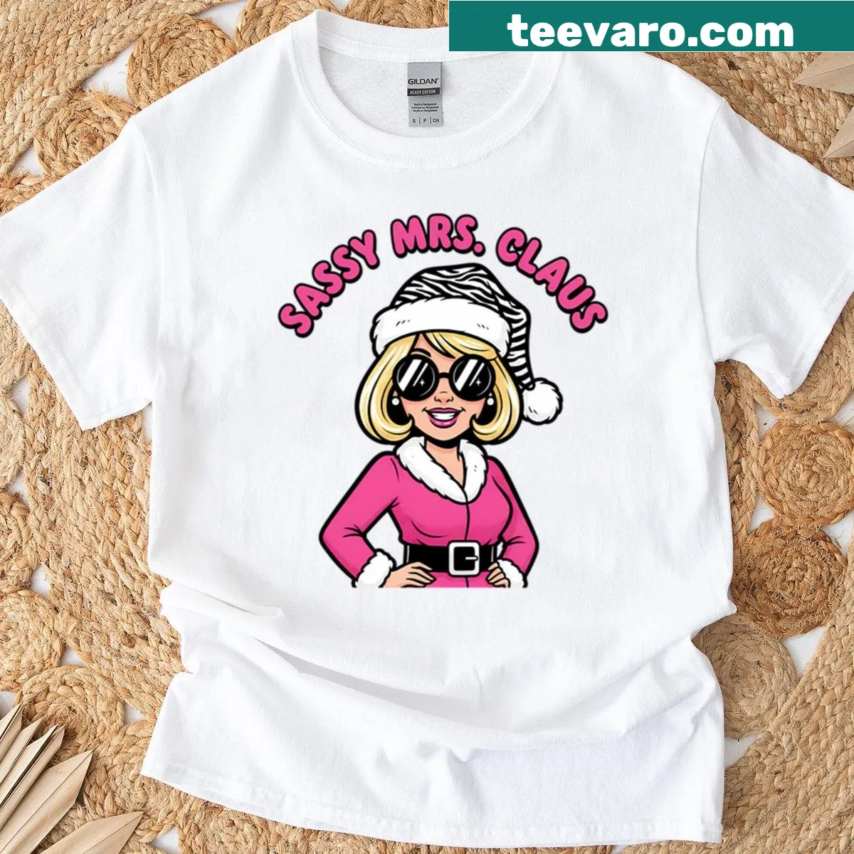Playful graphic of a sassy Mrs. Claus for the holidays — on a men's t-shirt