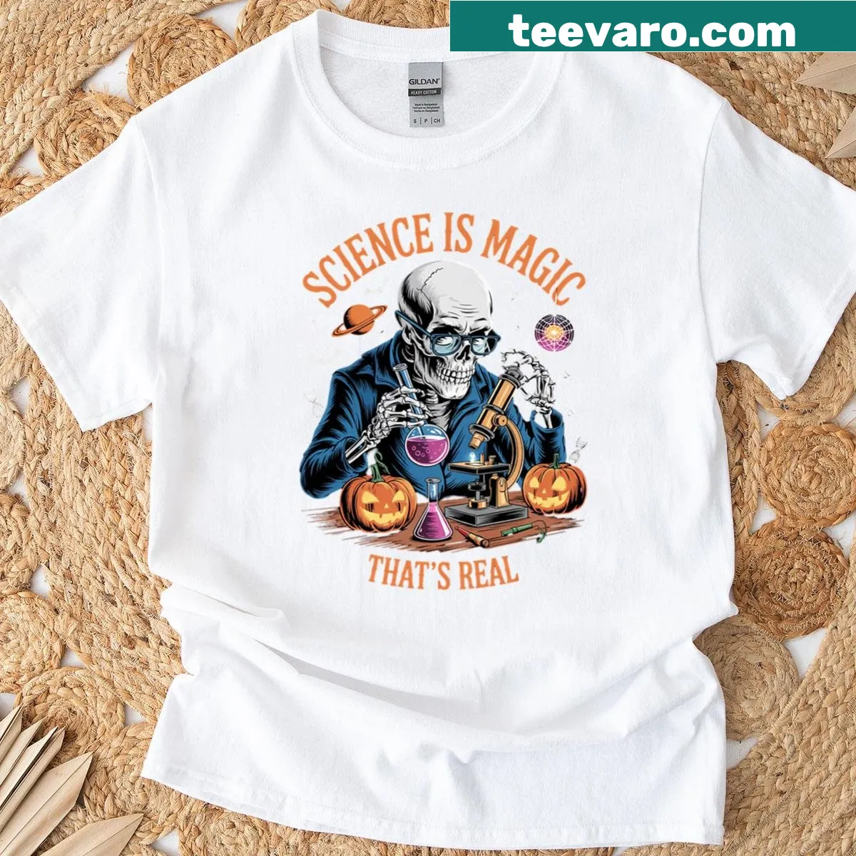 Funny skeleton teacher graphic T-shirt for Halloween — on a men's t-shirt