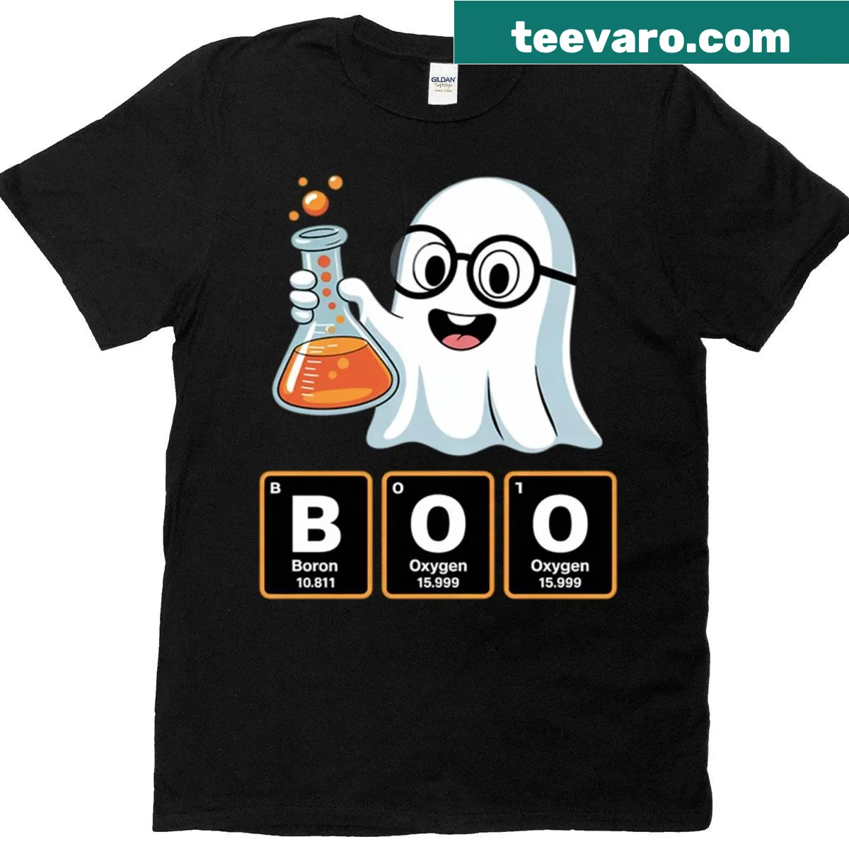 Cartoon ghost design with chemistry elements for teachers on T-shirt — on a men's t-shirt