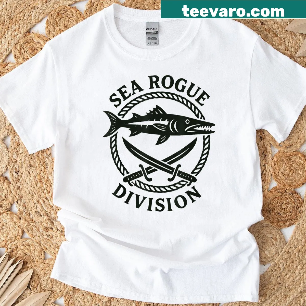 Marine-themed t-shirt featuring a barracuda and nautical elements — on a men's t-shirt