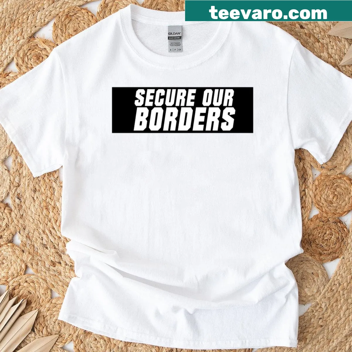 Funny T-shirt with bumper sticker style graphics about border security. — on a men's t-shirt