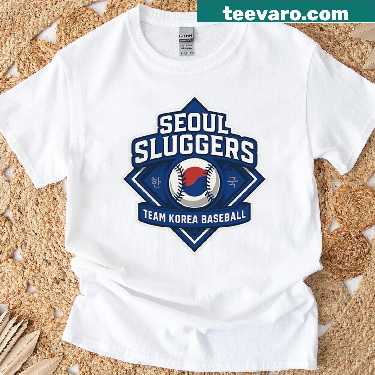 Retro badge t-shirt for the Seoul Sluggers baseball team — on a men's t-shirt