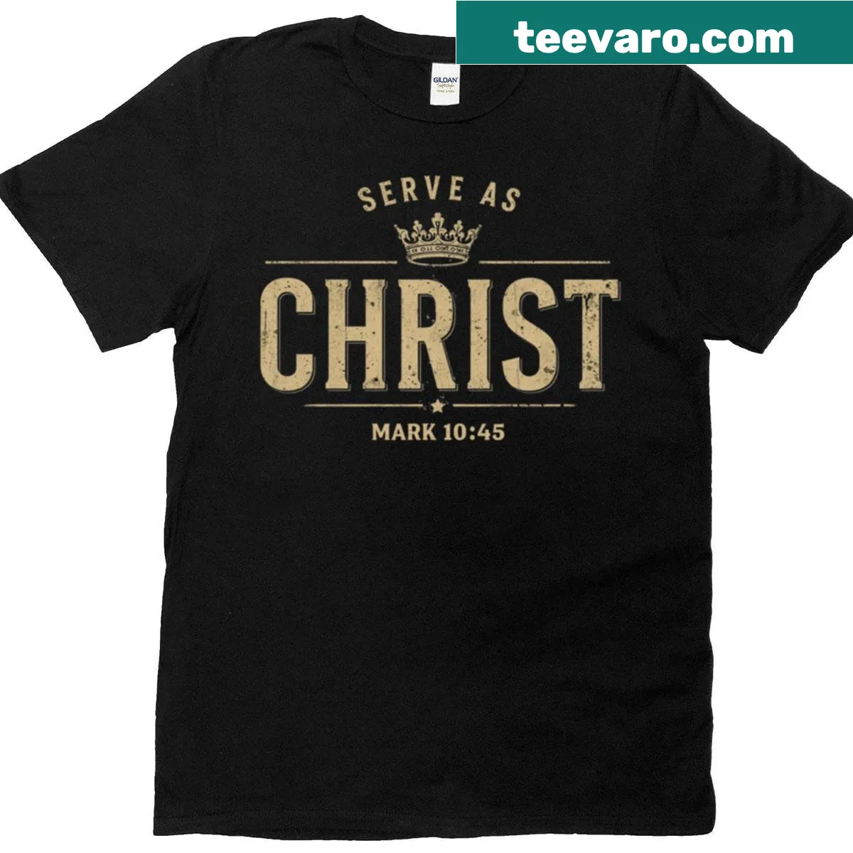 Vintage Christian T-shirt with Mark 10:45 graphic — on a men's t-shirt