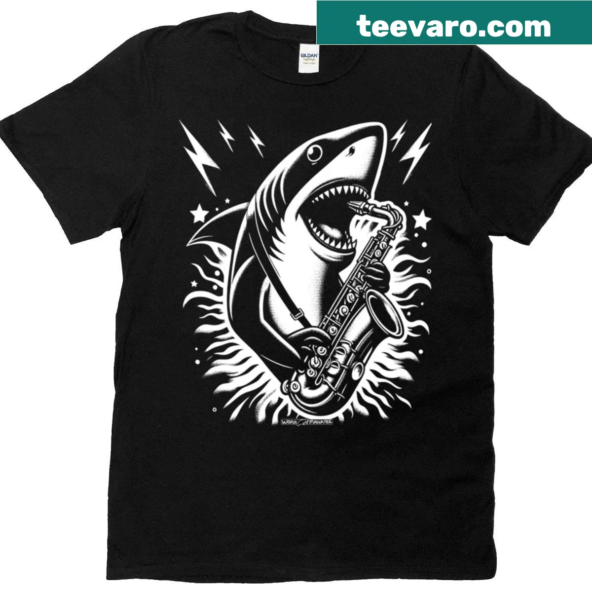 Illustration of a shark playing a saxophone on a whimsical t-shirt — on a men's t-shirt