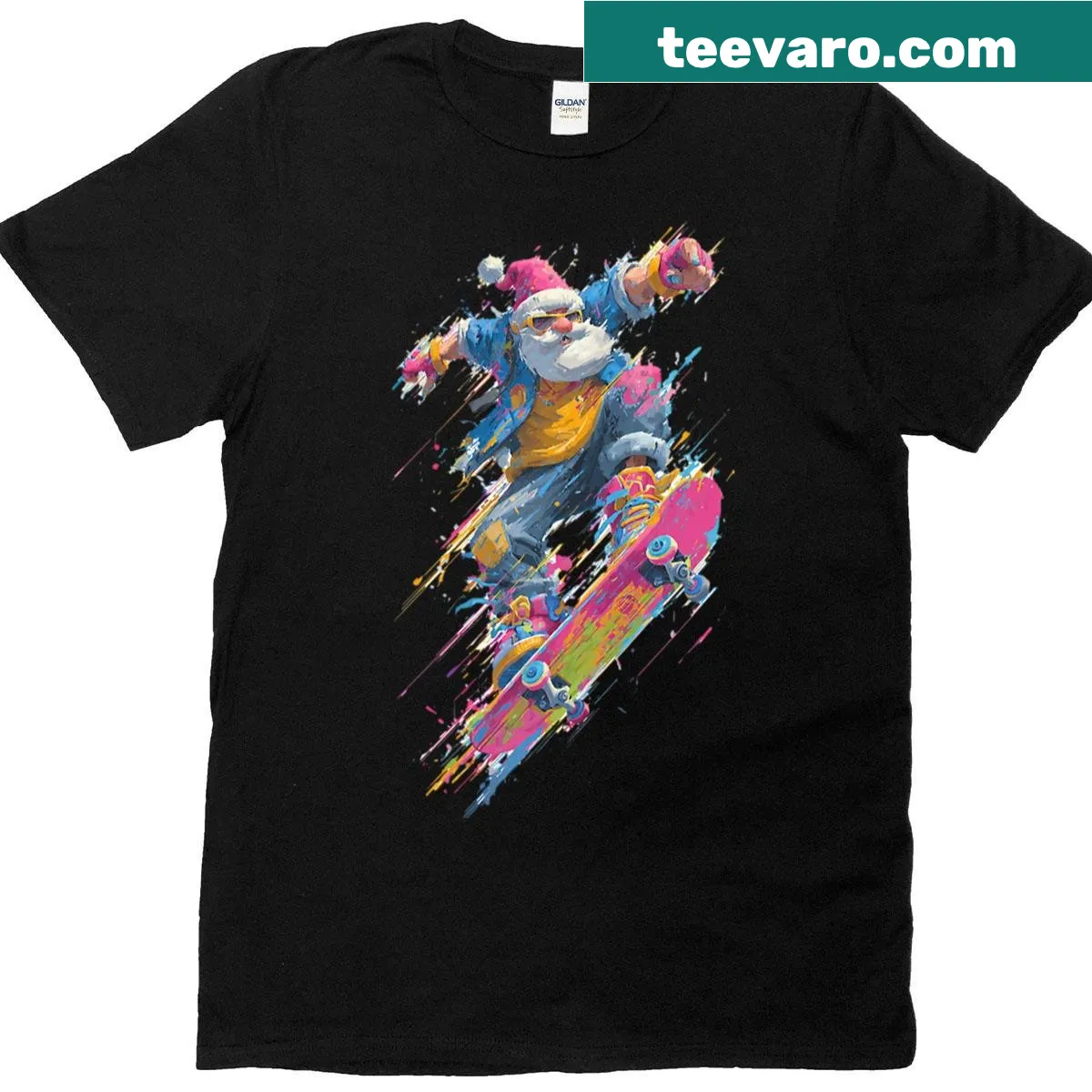 Santa Claus skateboarding in a playful illustration — on a men's t-shirt