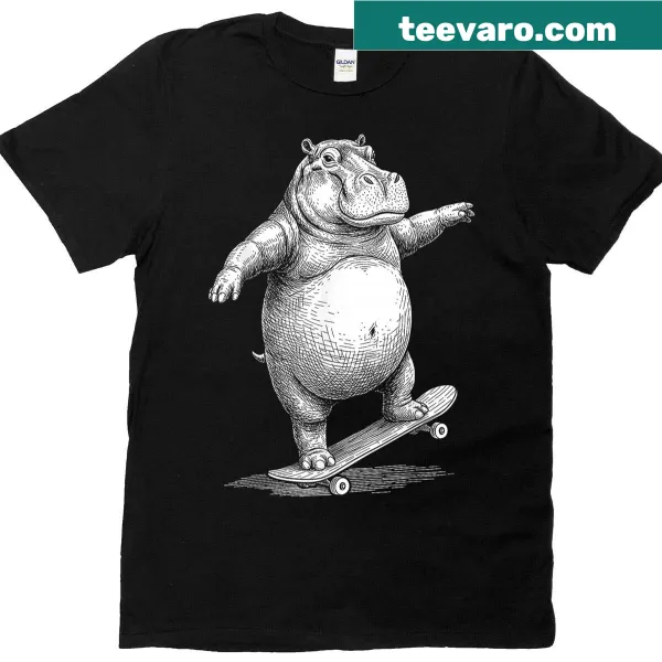 Funny hippo skateboard graphic on T-shirt