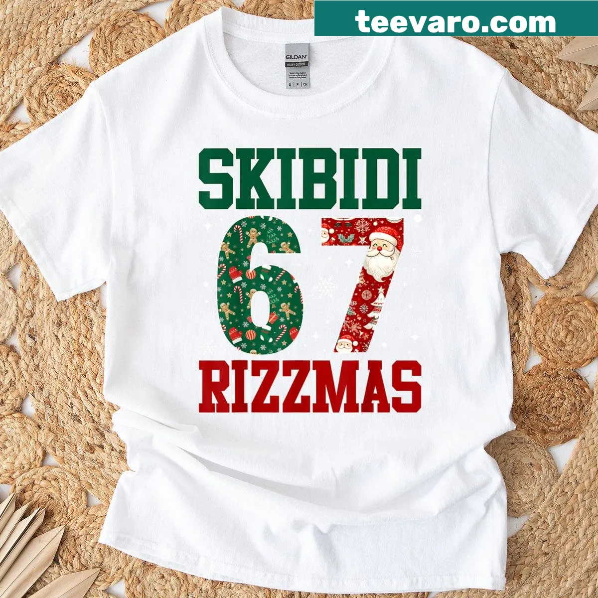 Funny meme graphic for Christmas t-shirt featuring 'Skibidi Rizzmas 67'. — on a men's t-shirt