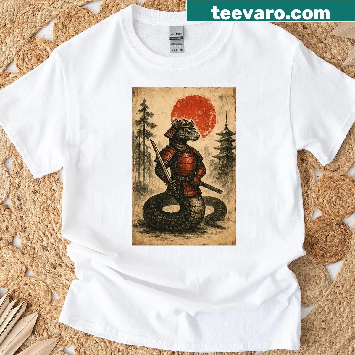 Vintage-style Snake Samurai Warrior t-shirt featuring Ukiyo-e art — on a men's t-shirt