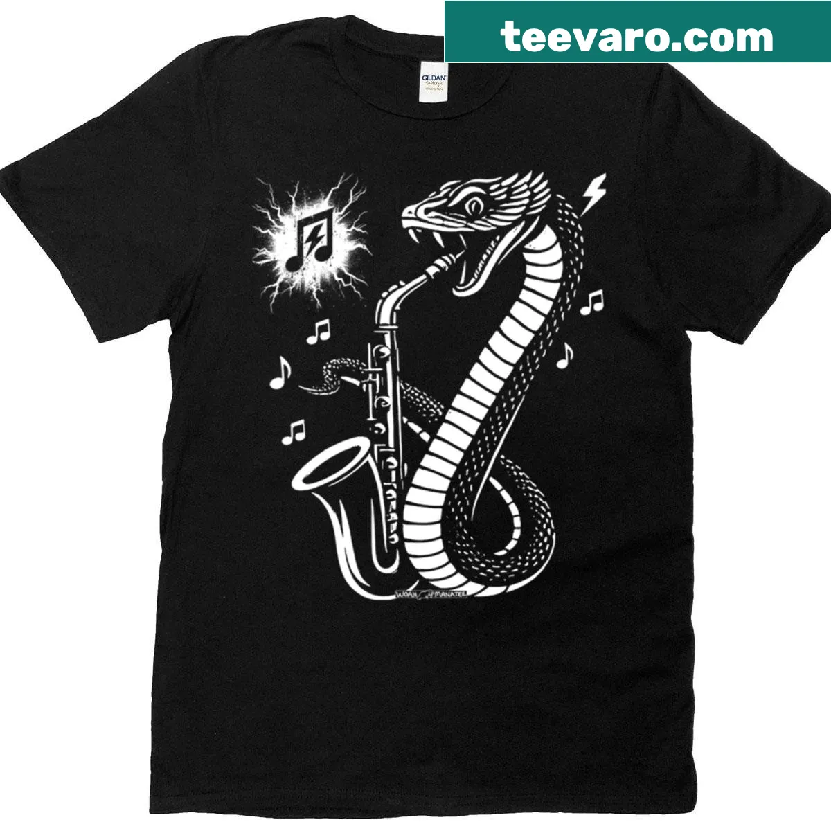 Cartoon snake playing a saxophone on a fun T-shirt — on a men's t-shirt