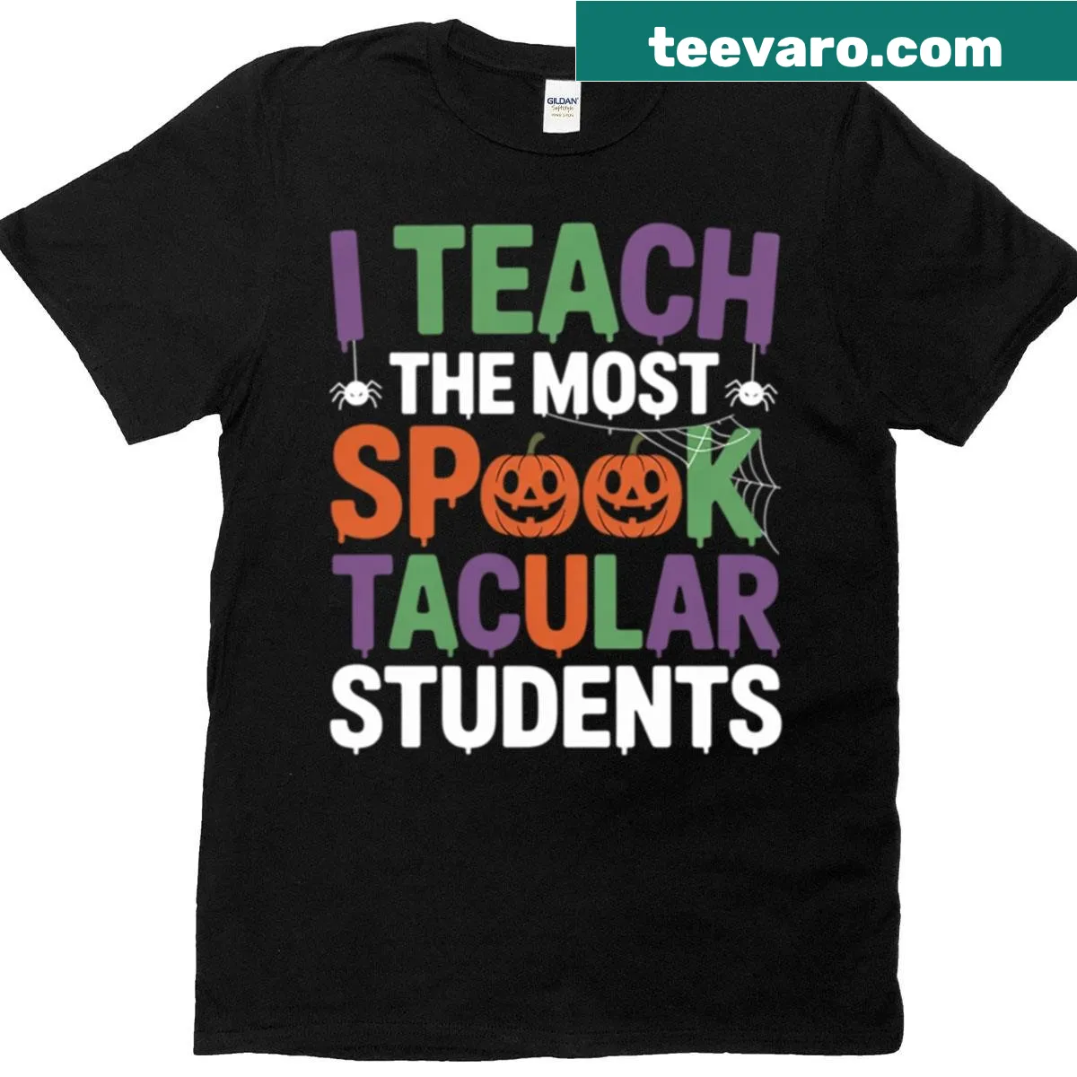 Halloween t-shirt with 'Spooktacular Students' text and spooky graphics. — on a men's t-shirt