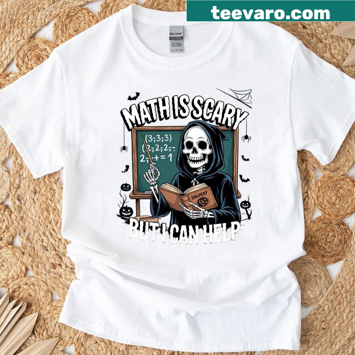 Halloween-themed math teacher t-shirt with bats and pumpkins — on a men's t-shirt