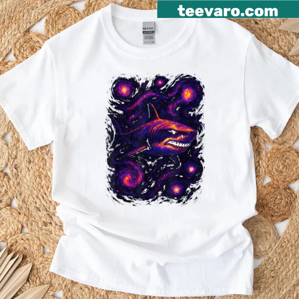 Cartoon shark on a starry background for kids