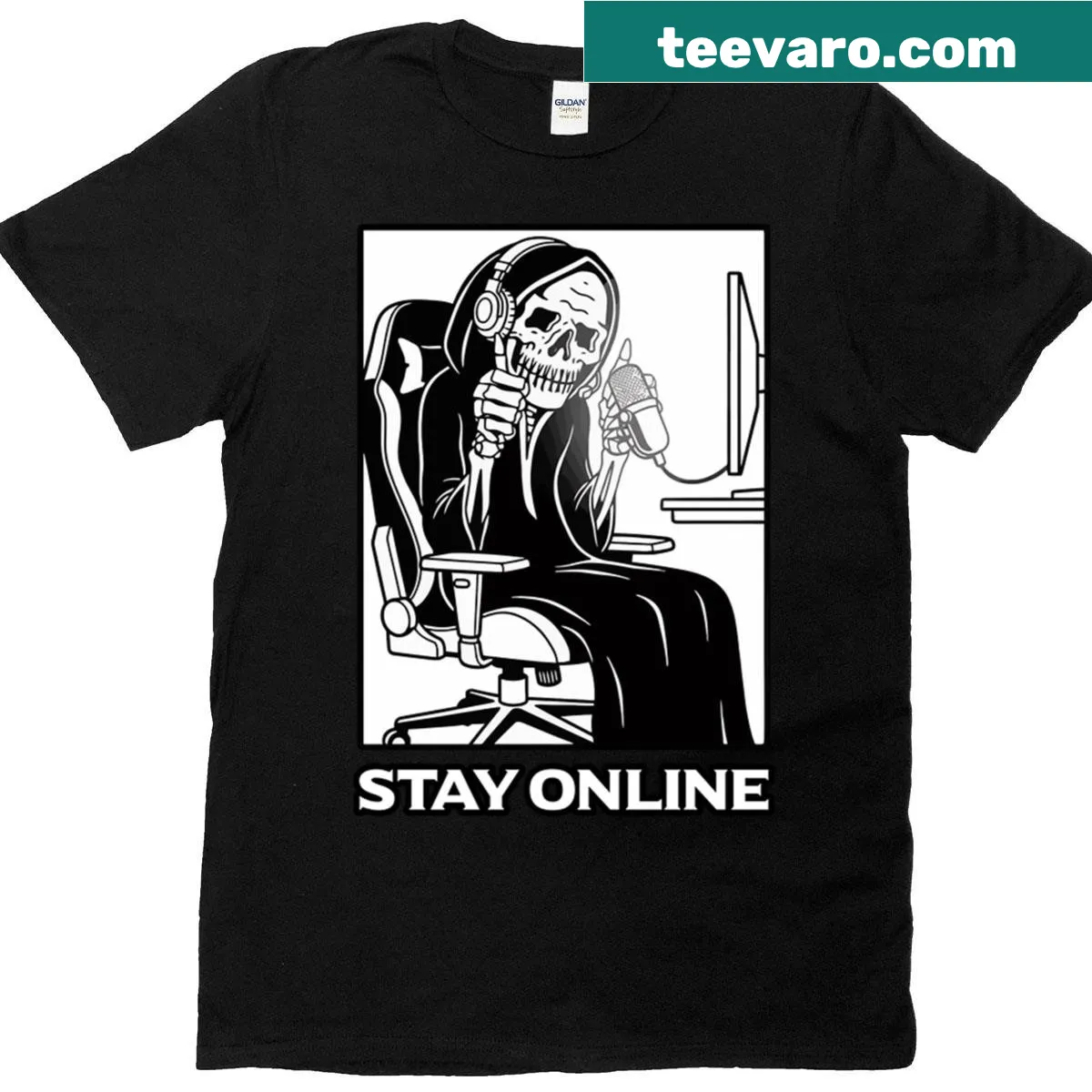 Stay Online t-shirt with tech-inspired typography design — on a men's t-shirt