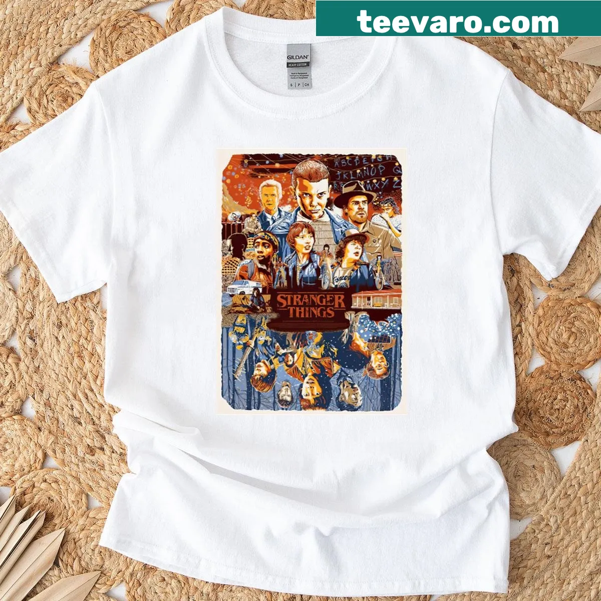 Retro-inspired poster design of Stranger Things on T-shirt — on a men's t-shirt