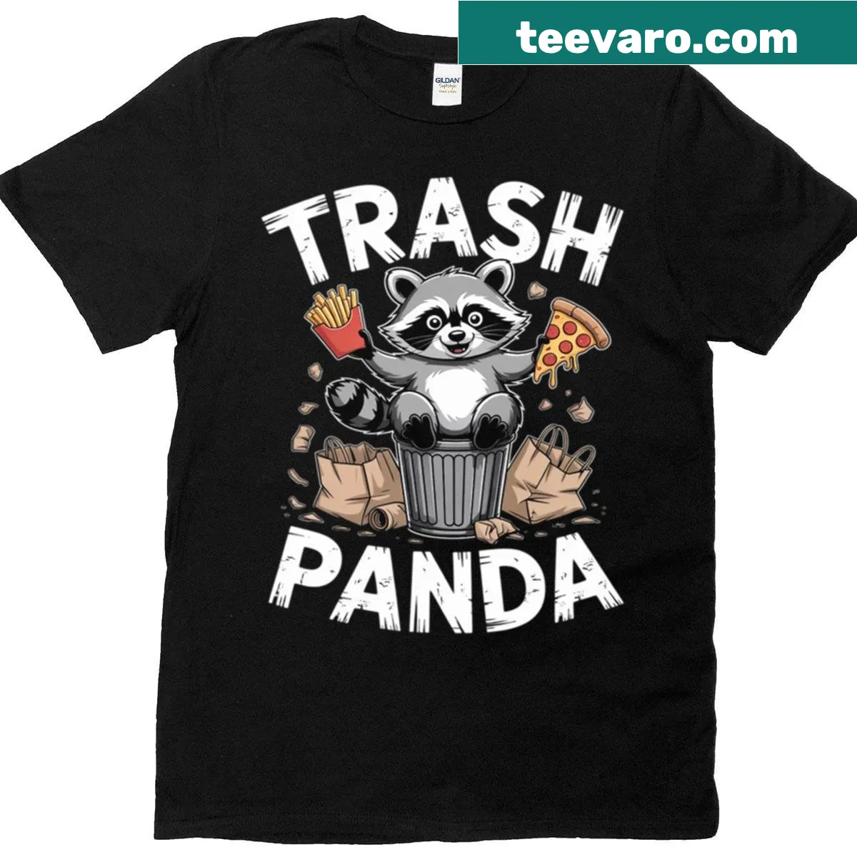 Illustration of a raccoon eating garbage on a t-shirt — on a men's t-shirt